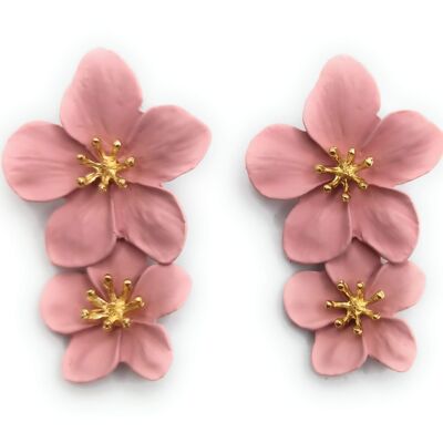 Double Flower Long Earrings Old Pink