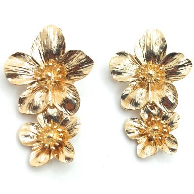 Long Golden Earrings Double Flower Shiny Gold