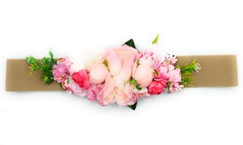 Cinturón de Flores · Cinta Beis Flores Rosa Fucsia
