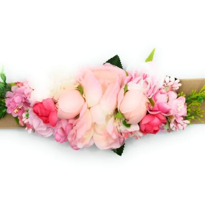 Ceinture Fleurie · Ruban Beige Fleurs Rose Fuchsia