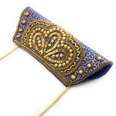 Handbag Party Bag Embroidered ethnic handicrafts, Blue Trapezoid - Long Handle
