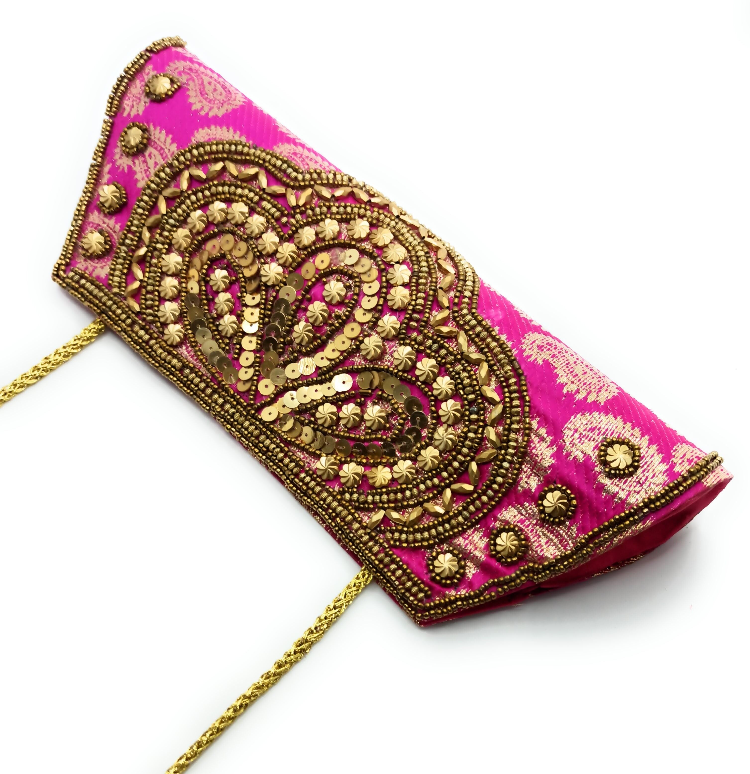 Borsetta Party Bag Ricamata artigianato etnico, Bougainvillea Trapezio - Manico Lungo