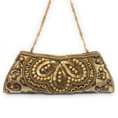 Handbag Party Bag Embroidered ethnic handicrafts, Gold Trapezoid - Short Handle