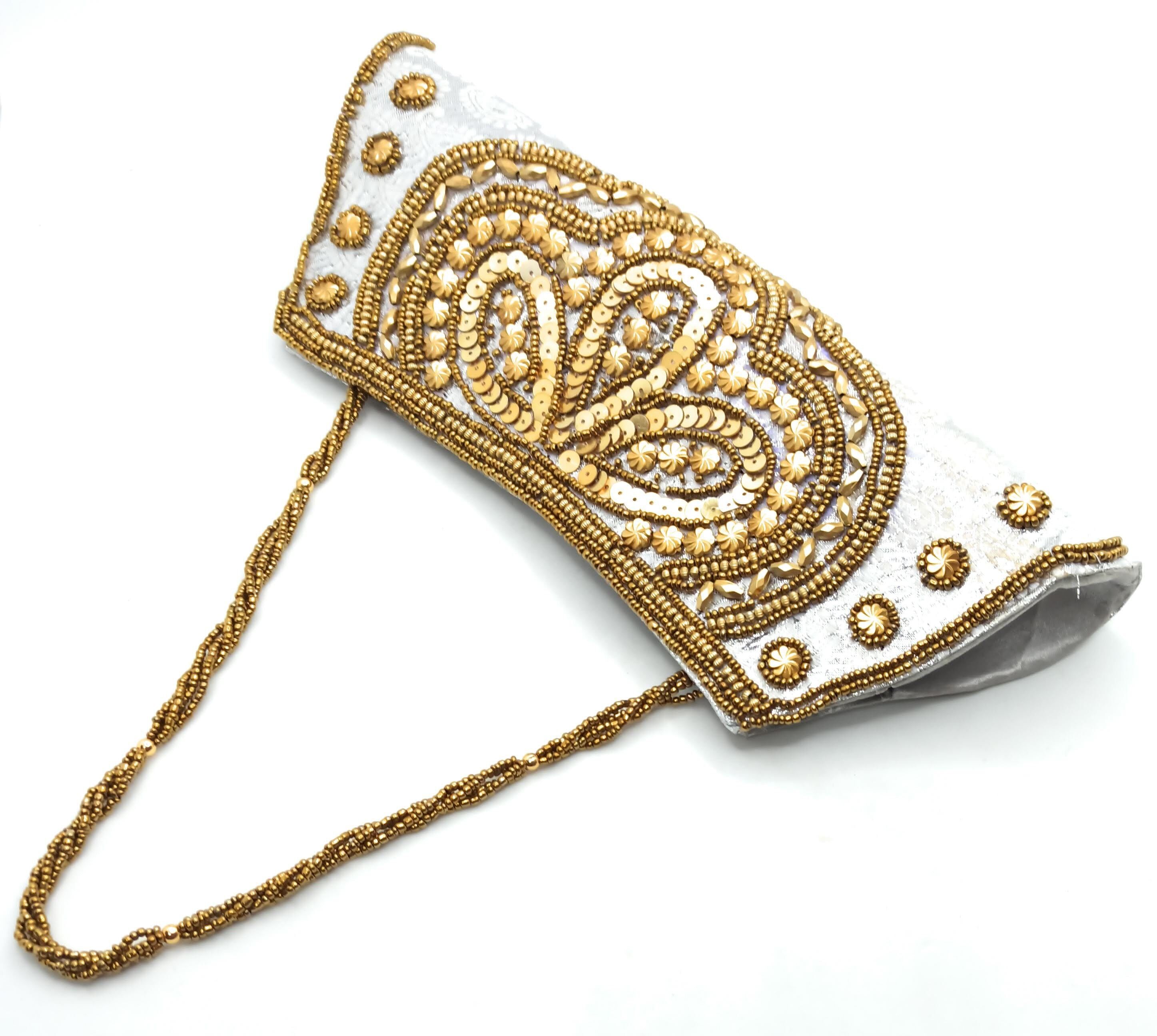 Borsetta Party Bag Ricamata Etnica Artigianale, Trapezio Argento - Manico Corto