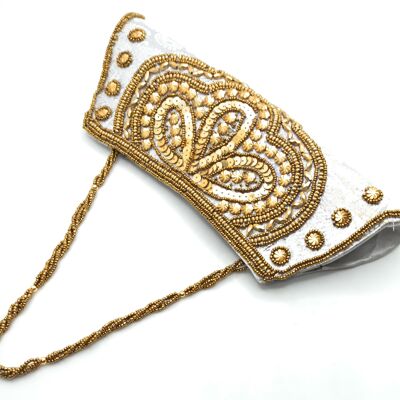 Handbag Party Bag Embroidered ethnic craftsmanship, Silver Trapezoid - Short Handle