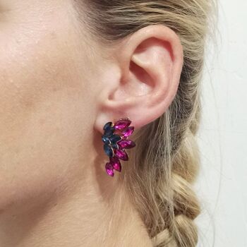 Boucles d'Oreilles Cristaux Brillants Demi Créoles Bleu Fuchsia 2