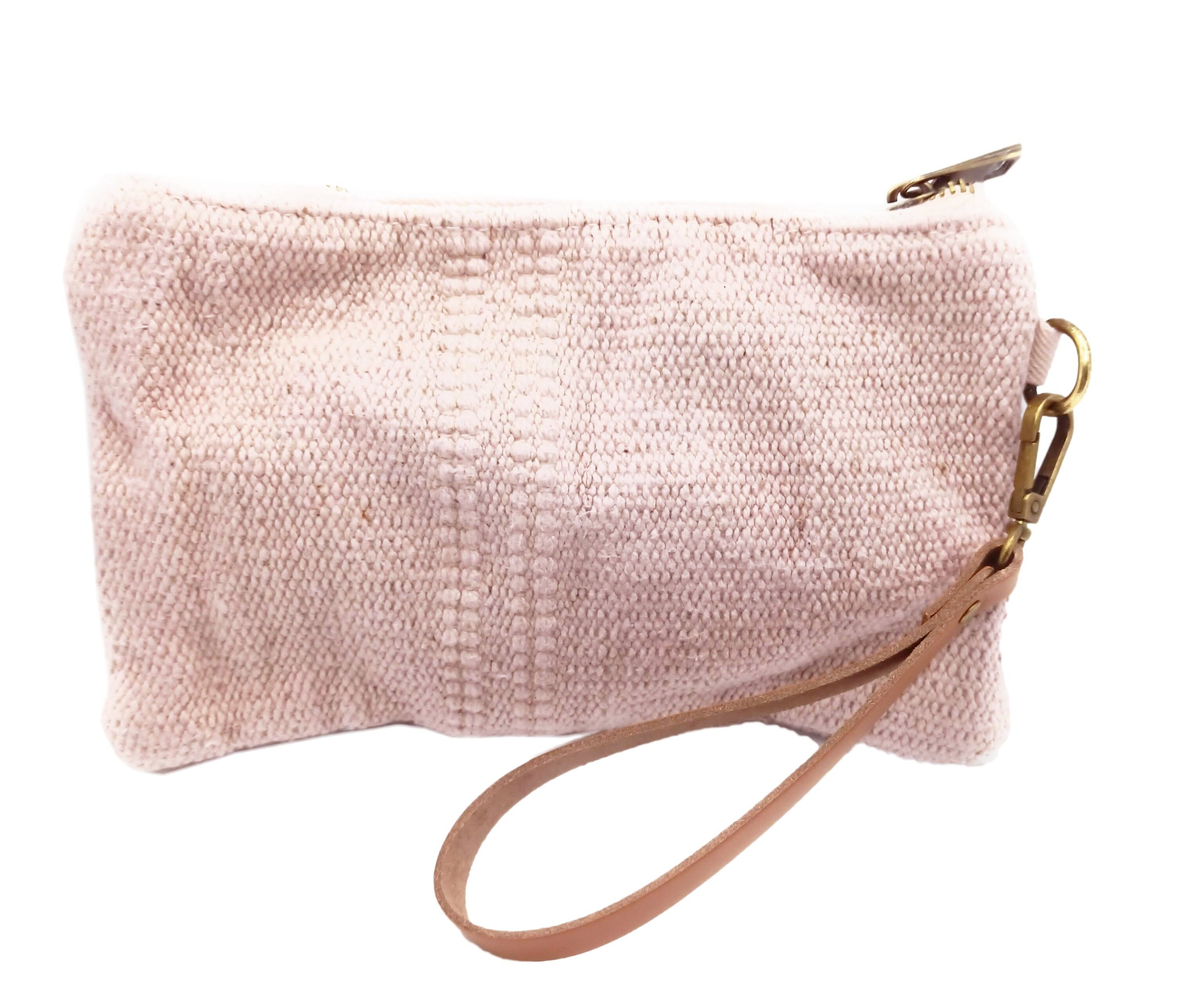 Borsa piccola in tela con manici in pelle color carne