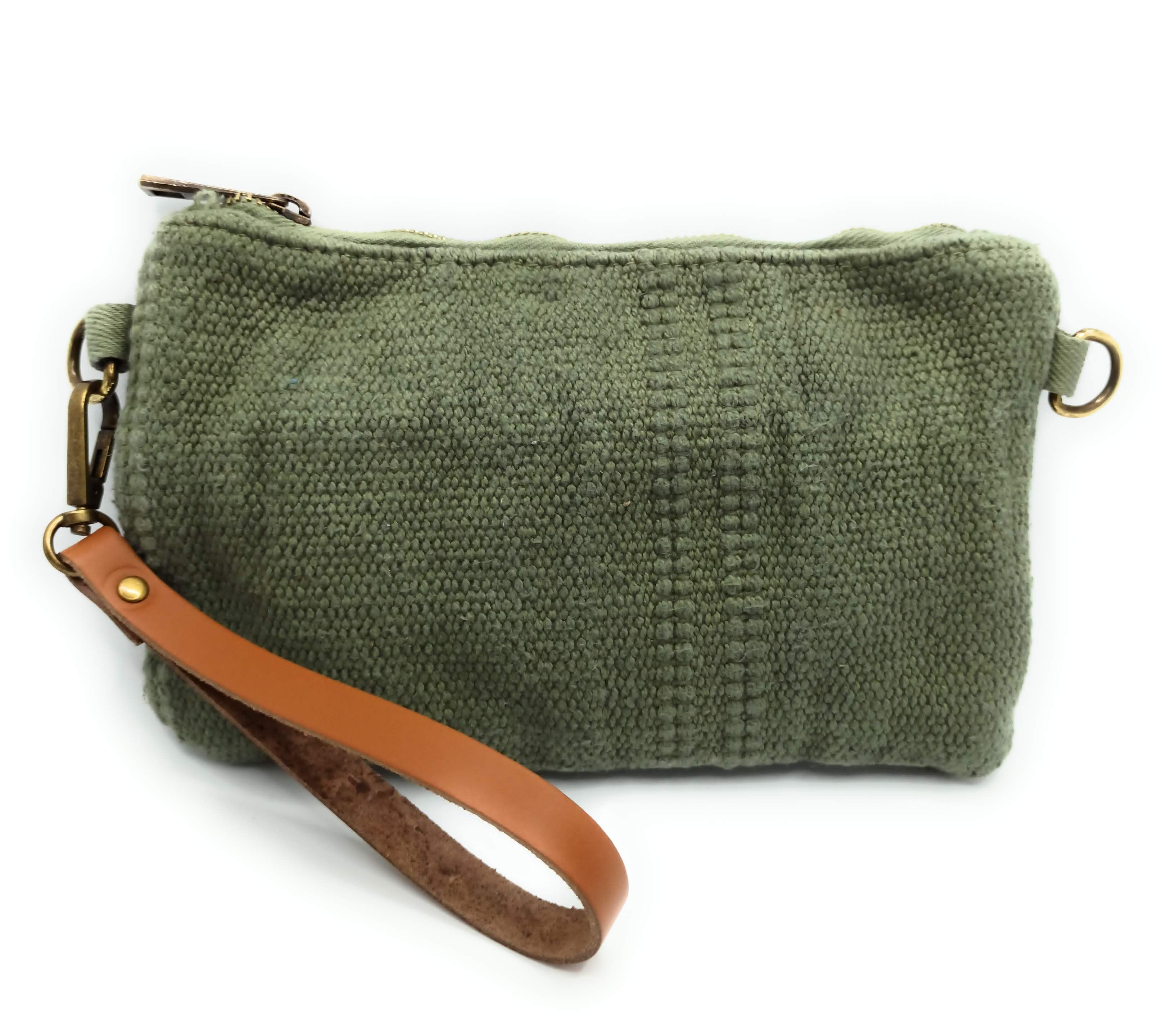 Borsa piccola in tela con manici in pelle color kaki