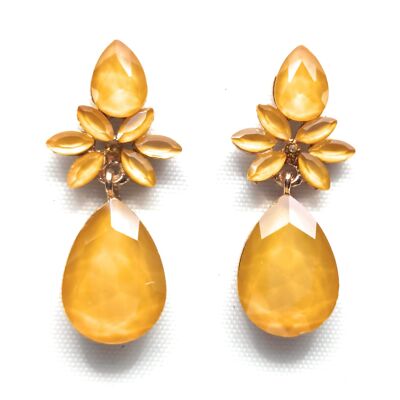 Crystal Drop Flower Earrings Mustard