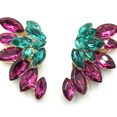 Boucles d'Oreilles Cristaux Brillants Vert Fuchsia, Doré