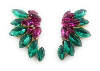 Boucles d'Oreilles Cristaux Brillants Vert Fuchsia, Doré 1