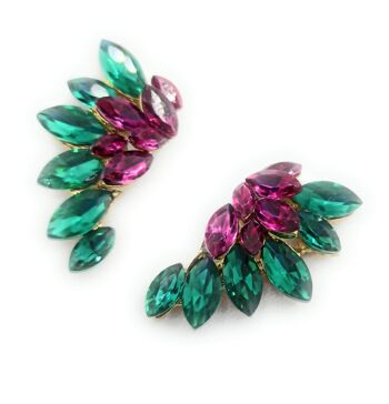 Boucles d'Oreilles Cristaux Brillants Vert Fuchsia, Doré 4