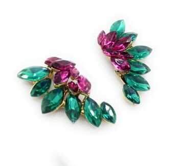 Boucles d'Oreilles Cristaux Brillants Vert Fuchsia, Doré 6