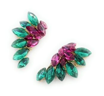 Boucles d'Oreilles Cristaux Brillants Vert Fuchsia, Doré 7