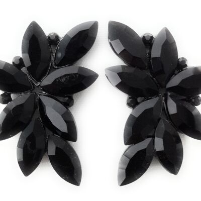 Boucles d'Oreilles Florales Spectaculaires Cristaux Noirs, Platine