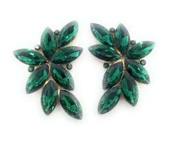 Boucles d'Oreilles Florales Spectaculaires Cristaux Vert Emeraude, Or 1