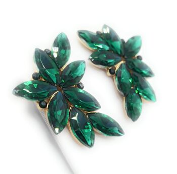 Boucles d'Oreilles Florales Spectaculaires Cristaux Vert Emeraude, Or 6