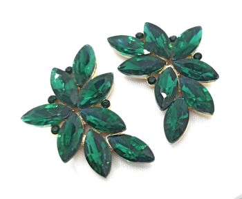 Boucles d'Oreilles Florales Spectaculaires Cristaux Vert Emeraude, Or 7