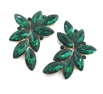 Boucles d'Oreilles Florales Spectaculaires Cristaux Vert Emeraude, Or 8