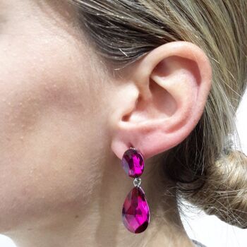 Boucles d'Oreilles Goutte Cristaux Brillants Fuchsia 2