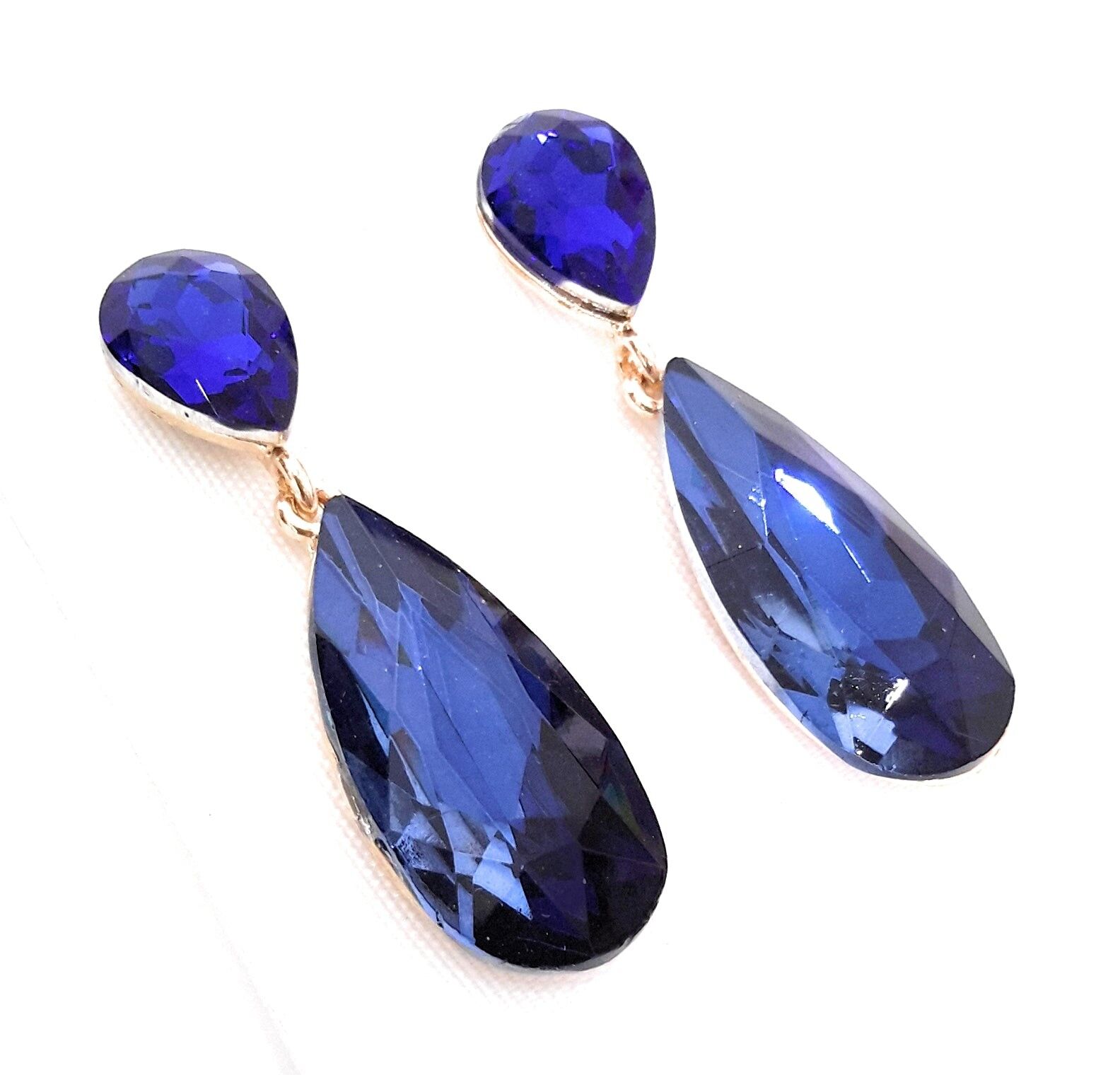 Long Brilliant Crystals Earrings Navy Cobalt Blue
