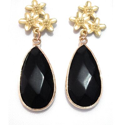 Semiprecious Stone Earrings Golden Flowers Black