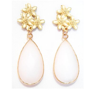 Boucles d'Oreilles Pierres Semi-précieuses Fleurs Blanches Dorées