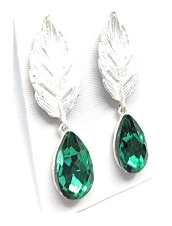 Boucles d'Oreilles Feuille Vert Emeraude, Argent 1