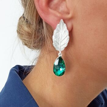 Boucles d'Oreilles Feuille Vert Emeraude, Argent 7