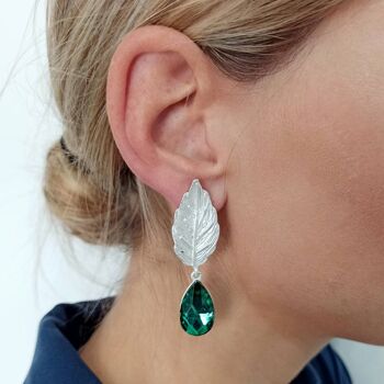 Boucles d'Oreilles Feuille Vert Emeraude, Argent 2