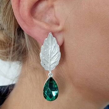 Boucles d'Oreilles Feuille Vert Emeraude, Argent 4