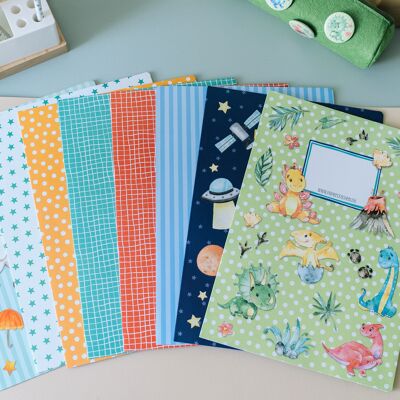 Set de 8 fundas para cuadernos - espacio + dinosaurios - set 3