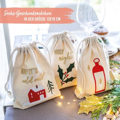 Geschenksäcke Weihnachten bunt bestickt 6er - 13x18 cm - Set 8