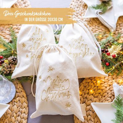 Gift bags gold embroidered - set of 3 - DIMENSIONS - Set 9