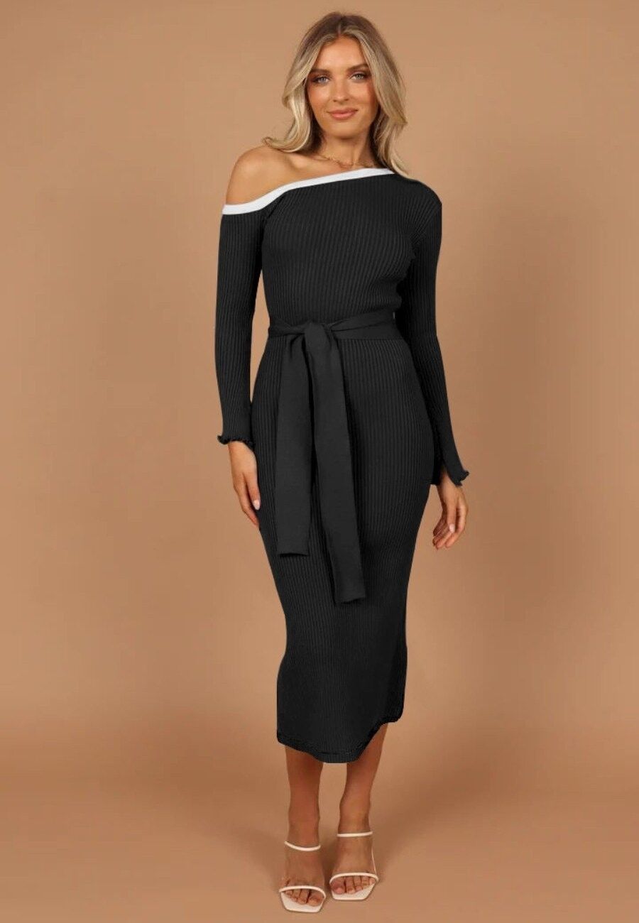 Buy wholesale Contrast Piping One Shoulder Dress-Black