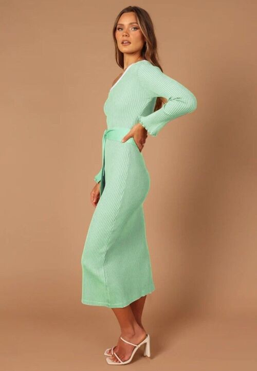Contrast Piping One Shoulder Dress-Green
