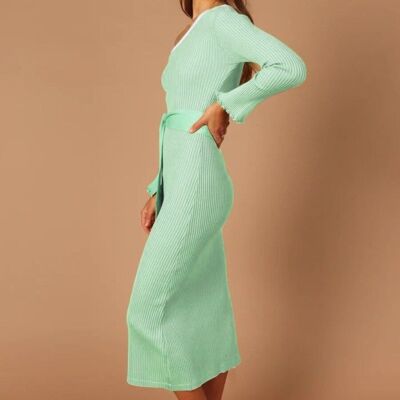 Contrast Piping One Shoulder Dress-Green
