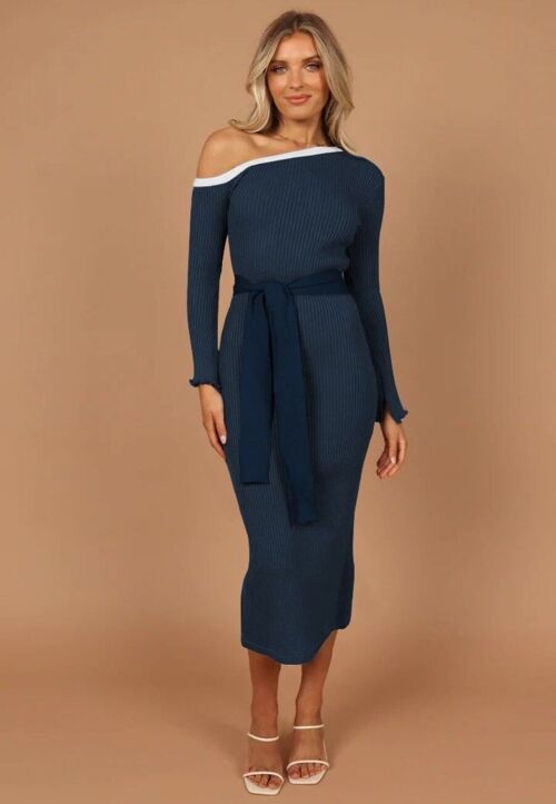 Contrast Piping One Shoulder Dress-Navy