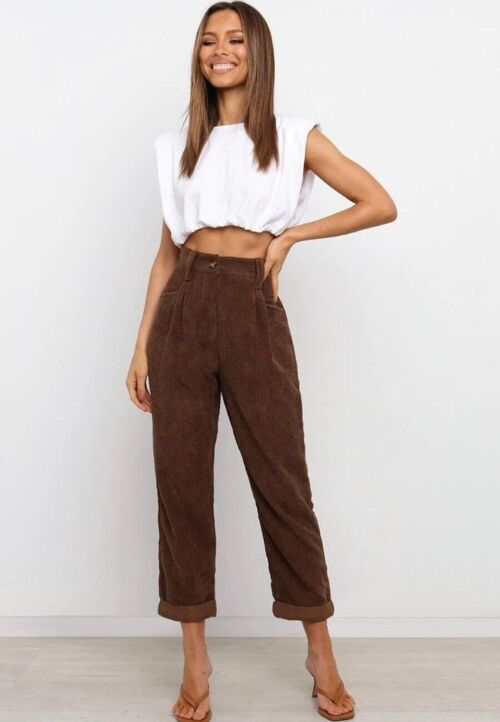 Solid Color Cropped Corduroy Pants-Brown