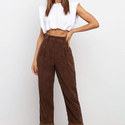 Solid Color Cropped Corduroy Pants-Brown