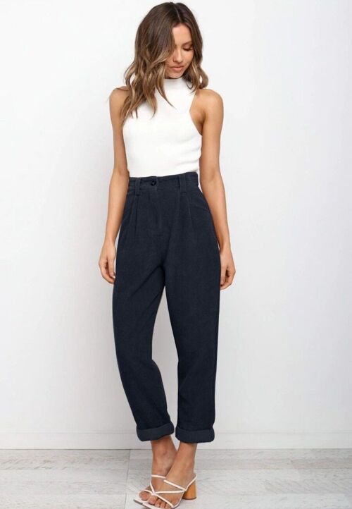 Solid Color Cropped Corduroy Pants-Navy