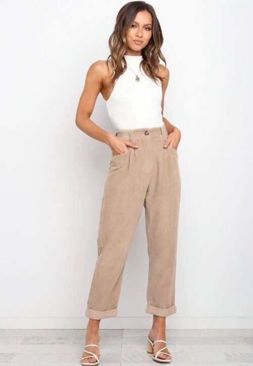 Solid Color Cropped Corduroy Pants-Beige
