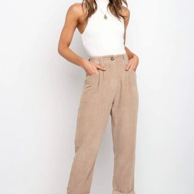 Solid Color Cropped Corduroy Pants-Beige