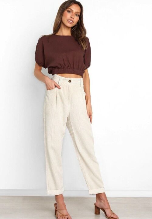 Solid Color Cropped Corduroy Pants-White