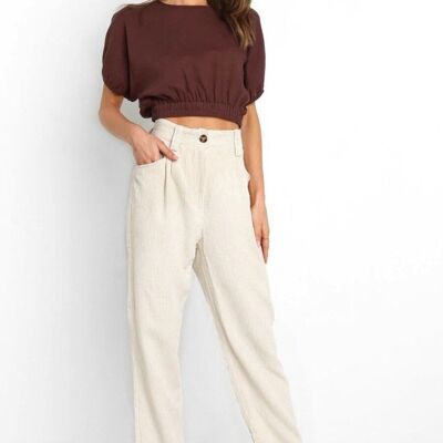 Solid Color Cropped Corduroy Pants-White