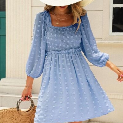 Square Neck Clip Dot Dress-Blue