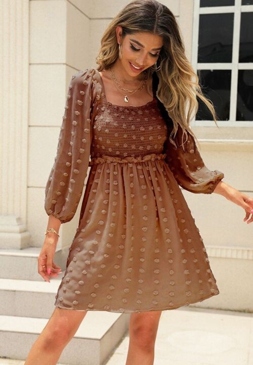 Square Neck Clip Dot Dress-Brown