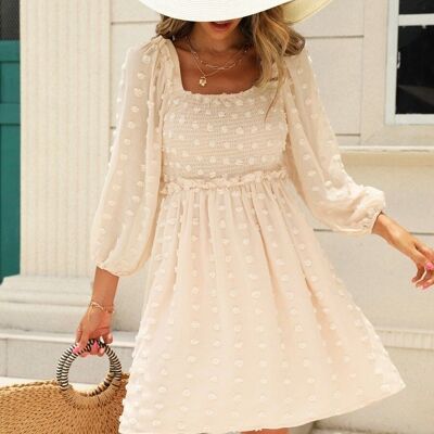 Square Neck Clip Dot Dress-Ivory