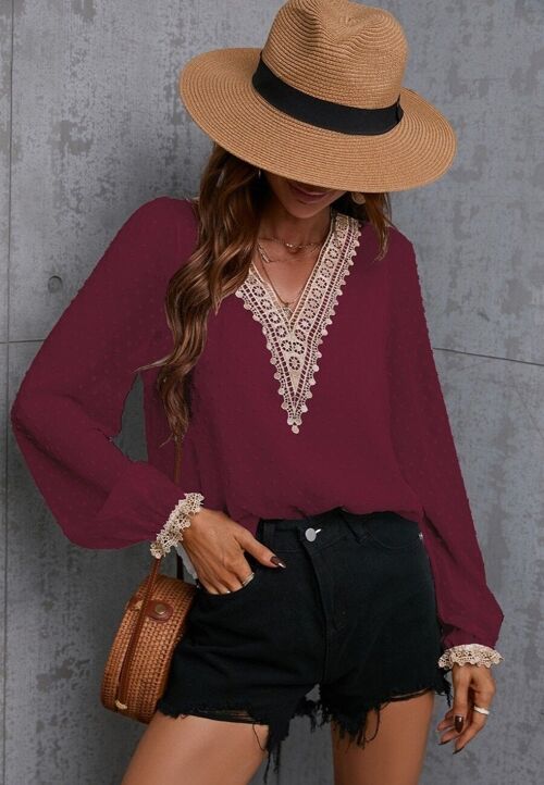 Swiss Dot Contrast Lace Blouse-Burgundy