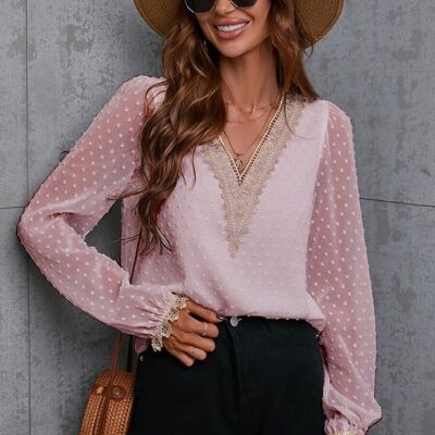 Swiss Dot Contrast Lace Blouse-Pink
